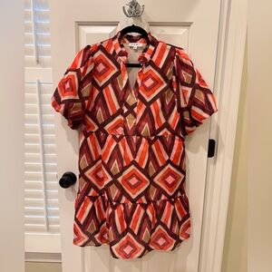 THML Geometric Print Short Sleeve Dress - Red, Pink, Brown